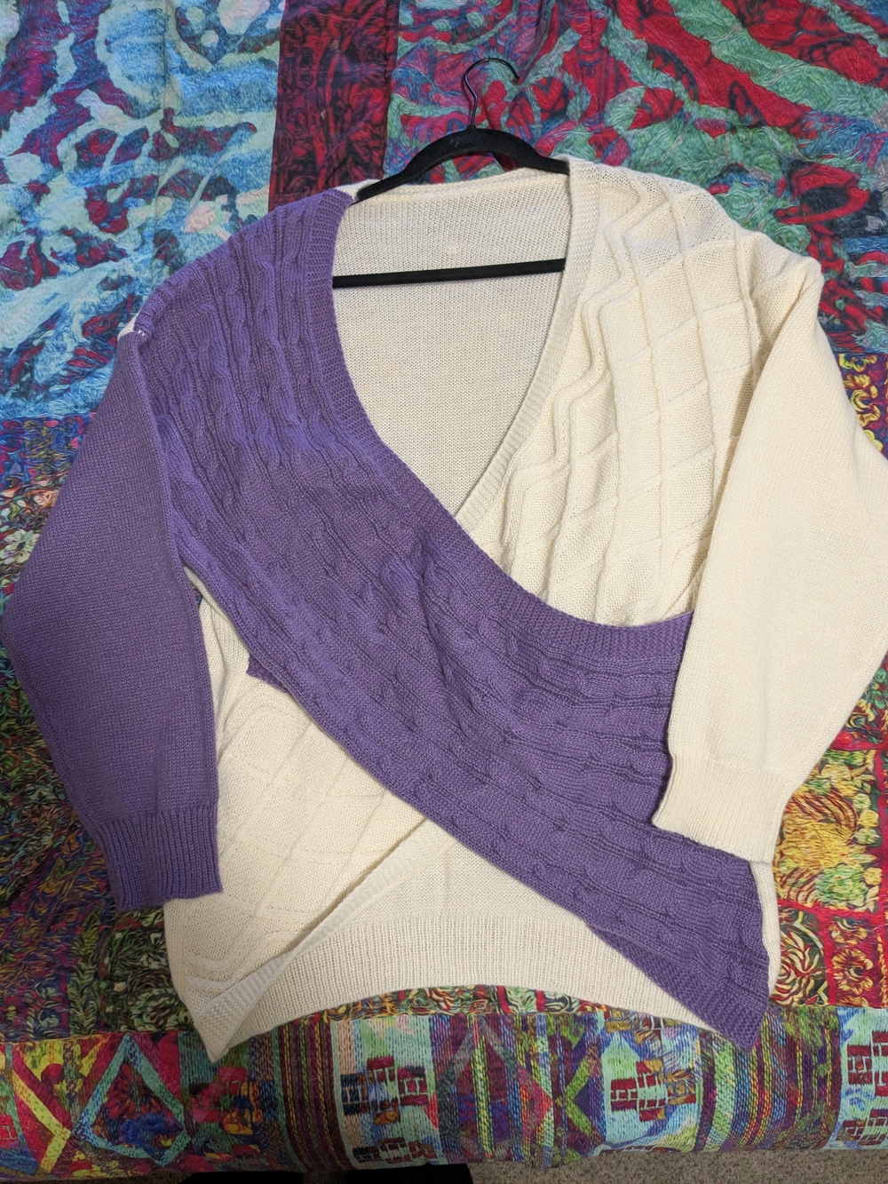 Cream and Lavender Cable-Knit Wrap Sweater